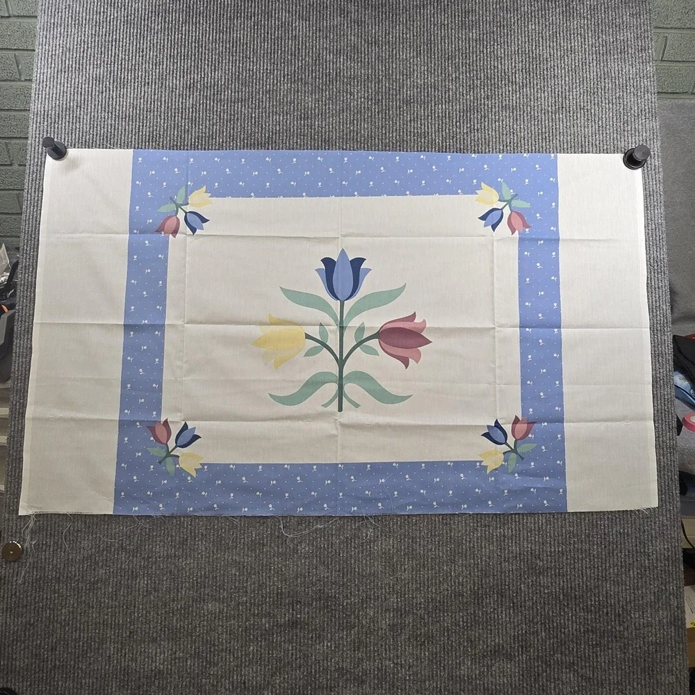 Vintage Cheater Quilt Fabric Panel Tulip Floral Cotton Quilt Blue Border Pastel